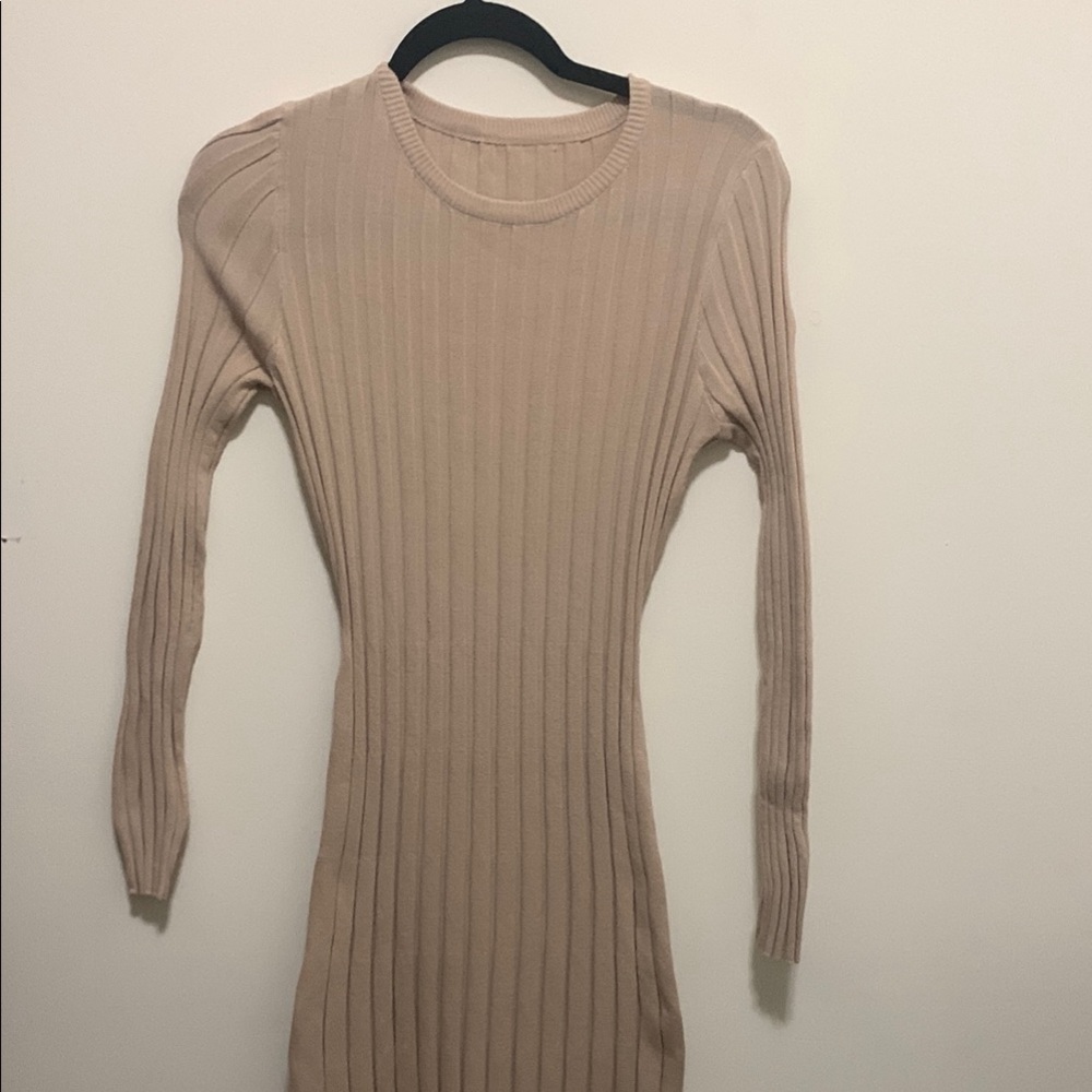 Beige Ribbed Knit Dress